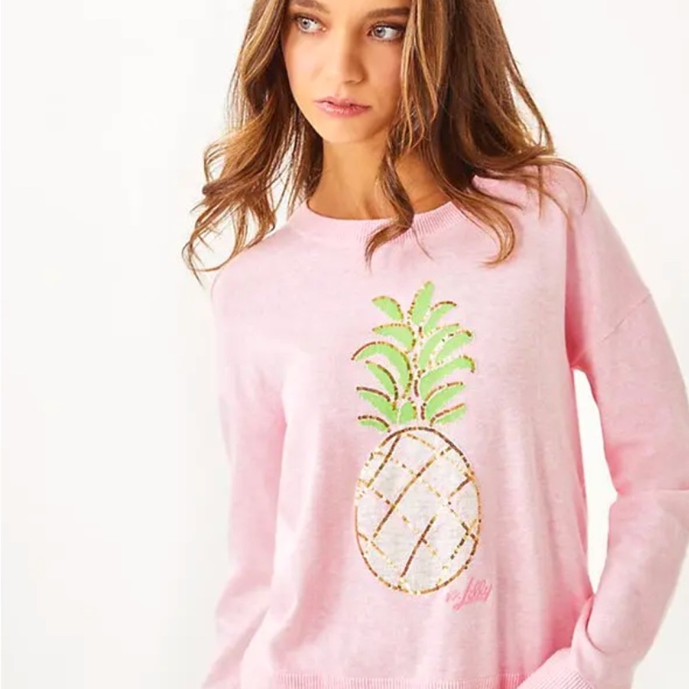 Lilly Pulitzer Pink Sweater with Green & Gold Pineapple Sequin